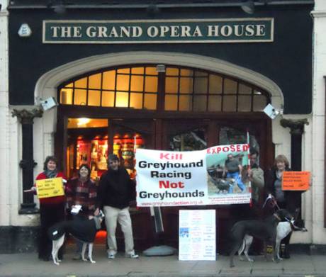 Click on image to see full-sized version Demonstrators outside the venue