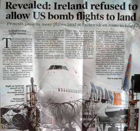  Dermot Ahern, the Irish foreign affairs minister, said he would block any attempt by the US to transport arms to Israel through his county.