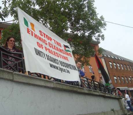 The protest begins outside the pre-match function in the Royal Hotel