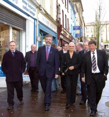 Click on image to see full-sized version West Tyrone Sinn Féin MLA's Barry McElduff, Claire McGill and Pat Doherty M.P. with Sinn Féin party President Gerry Adams in Omagh, Co. Tyrone.