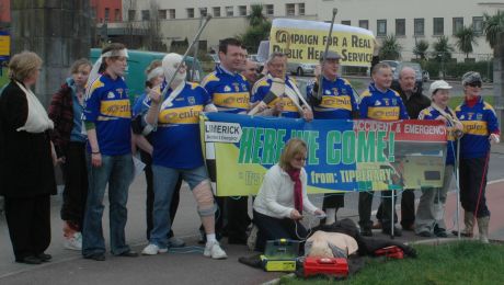 Click on image to see full-sized version Symbolic 10 extra patients from Nenagh Hospital. There was also a group in Clare jerseys representing the 13 coming from Ennis Hospital, and a welcoming committee from Limerick. Photo by: David Hayes