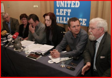 Click on image to see full-sized version Eddie Colgan (3rd from left) introduced the ULA's newly elected TD's at their first press conferecne today. Paddy Healy (speaking 1st on right) is representing his brother Séamus Healy of WUAG/ULA.