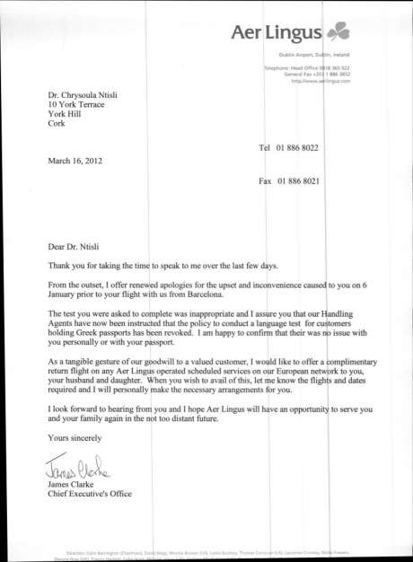 Formal written statement from Aer Lingus